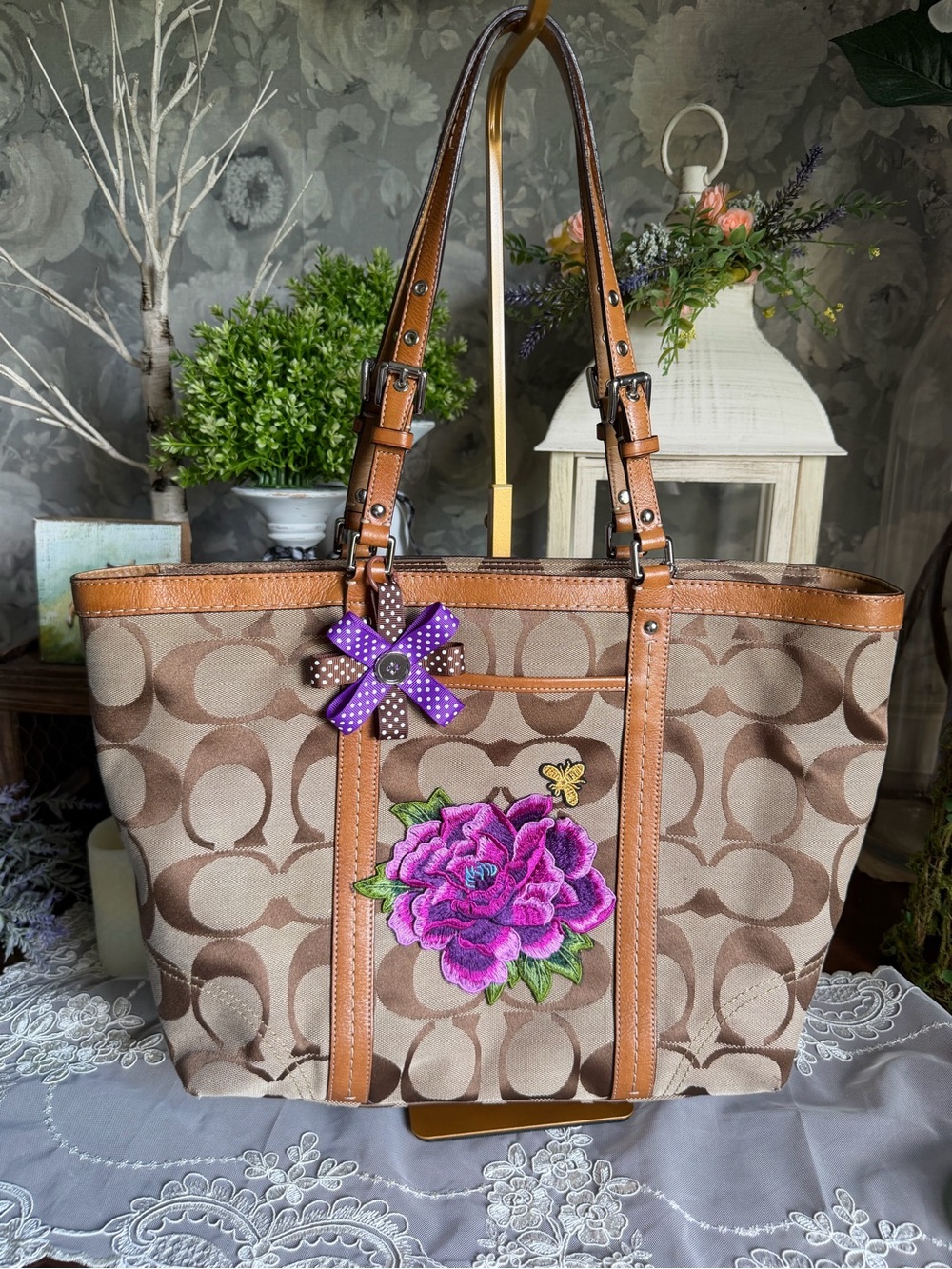 Coach Brown Signature Canvas Tote Carryall with Pink Floral Bee Appliqué F13096